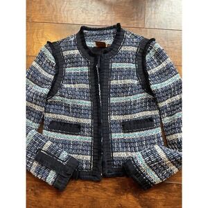 Tory Burch Textured Tweed Blazer Jacket Normandy Navy Blue Jacket Size 2 READ